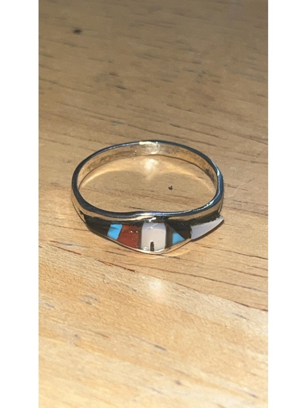 Zuni sterling silver turquoise coral inlay traditional ring size 6.75 -Clinton